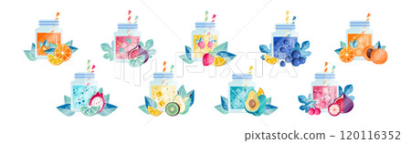 Glass Jar with Detox Fruit and Berry Drink with Straw Vector Set Glass Jar with Detox Fruit and Berry Drink with Straw Vector Set 120116352
