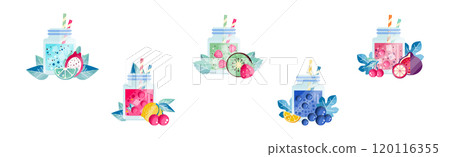 Glass Jar with Detox Fruit and Berry Drink with Straw Vector Set 120116355