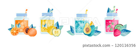 Glass Jar with Detox Fruit and Berry Drink with Straw Vector Set Glass Jar with Detox Fruit and Berry Drink with Straw Vector Set 120116356