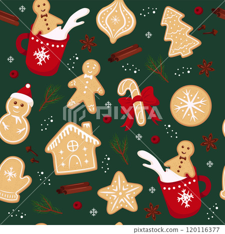 Vector Christmas cookies gingerbread. New year festive seamless vector pattern green background. 120116377