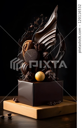 Abstract chocolate art cake on wooden table for gourmet display and design projects Abstract chocolate art cake on wooden table for gourmet display and design projects 120116532