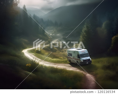 Ambulance navigating serene forest road in misty landscape Ambulance navigating serene forest road in misty landscape 120116534