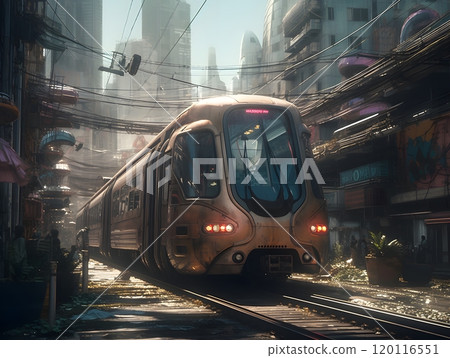 Futuristic train journey through cyberpunk cityscape Futuristic train journey through cyberpunk cityscape 120116551