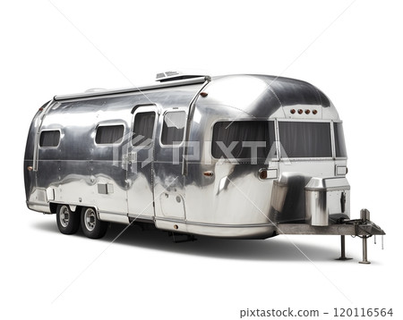 Sleek silver airstream trailer on white background for outdoor adventure designs 120116564