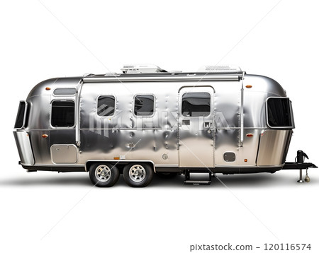 Vintage silver airstream trailer on white background for travel enthusiasts Vintage silver airstream trailer on white background for travel enthusiasts 120116574