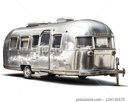 Vintage silver airstream travel trailer on isolated white background for design and advertising 120116575