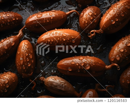 Seamless background of fresh sweet tamarind pods with water droplets for natural designs Seamless background of fresh sweet tamarind pods with water droplets for natural designs 120116583