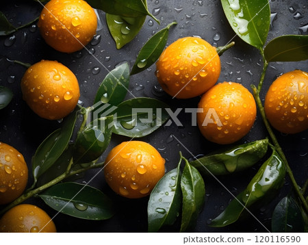 Seamless kumquat background with fresh leaves and water droplets for design 120116590