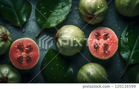 Vibrant guava pattern with whole and cut open tropical fruit for organic design background 120116599