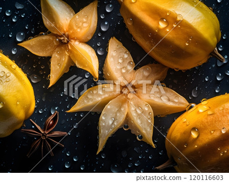 Vibrant starfruit and spice arrangement for culinary designs 120116603