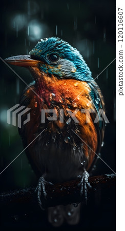 Colorful bird sitting on branch in rain: nature's vibrant display Colorful bird sitting on branch in rain: nature's vibrant display 120116607