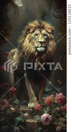 Majestic lion in enchanted garden a serene wildlife painting for decorative design 120116615