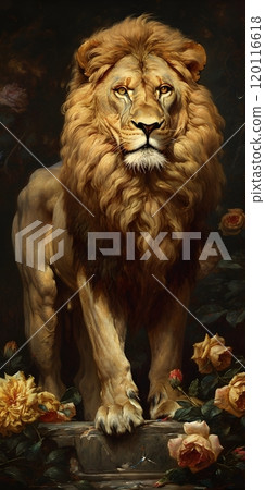 Majestic lion portrait with blossoming roses - elegant wildlife painting Majestic lion portrait with blossoming roses - elegant wildlife painting 120116618