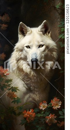 Majestic white wolf amidst blossoming flowers - nature and wildlife art for home decor Majestic white wolf amidst blossoming flowers - nature and wildlife art for home decor 120116623