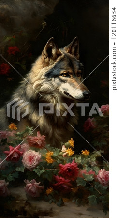 Wolf among roses: surreal portrait with floral elements for artistic prints 120116634
