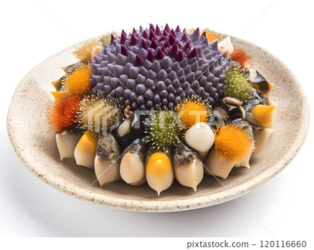 Artistic culinary creation: unique mushroom dish on white plate Artistic culinary creation: unique mushroom dish on white plate 120116660