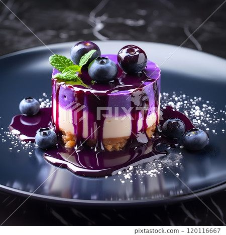 Blueberry cheesecake delight on elegant black plate for gourmet dessert presentation Blueberry cheesecake delight on elegant black plate for gourmet dessert presentation 120116667