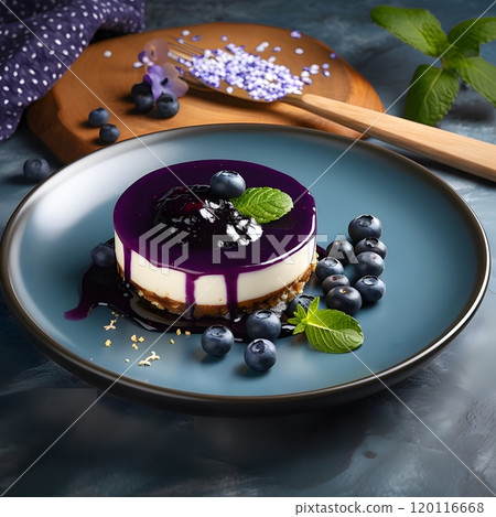 Blueberry cheesecake dessert on elegant plate for culinary presentation Blueberry cheesecake dessert on elegant plate for culinary presentation 120116668