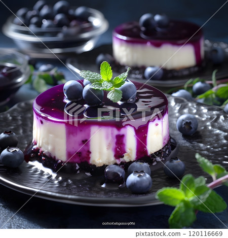 Blueberry cheesecake on elegant plate for culinary display, dessert menu, or food photography Blueberry cheesecake on elegant plate for culinary display, dessert menu, or food photography 120116669