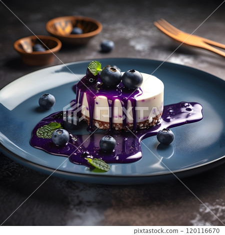 Blueberry cheesecake on elegant plate with fresh fruits and mint garnish 120116670