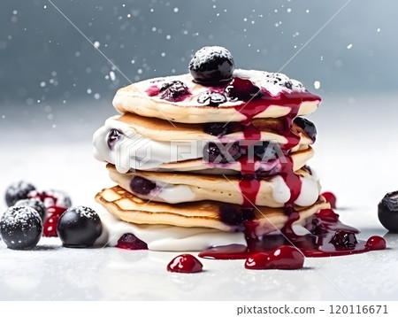Blueberry pancake stack with dripping syrup and powdered sugar 120116671