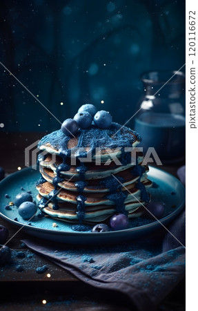 Blueberry pancakes with blue syrup on a plate for breakfast inspiration 120116672