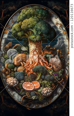 Broccoli fantasy still life: surreal vegetable landscape with nature's bounty Broccoli fantasy still life: surreal vegetable landscape with nature's bounty 120116673