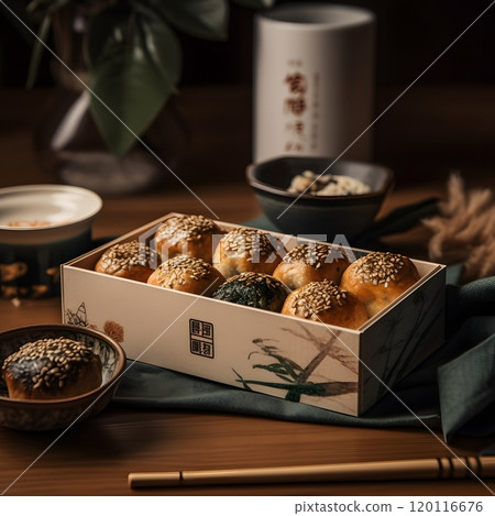 Close-up of gourmet sesame buns in elegant box inspired by kon Close-up of gourmet sesame buns in elegant box inspired by kon 120116676