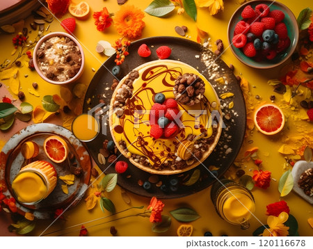 Colorful assortment of fresh fruits and desserts on a vibrant table setting 120116678