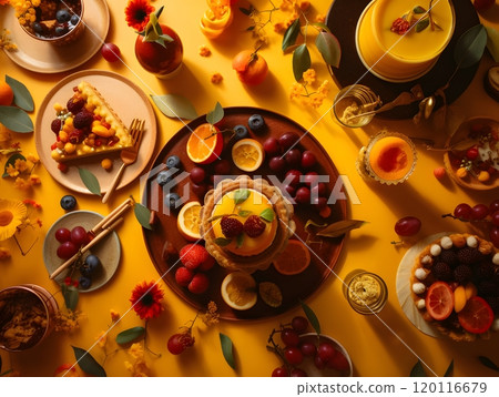 Colorful autumn feast: vibrant fruits and desserts on rustic table setting for thanksgiving decor 120116679