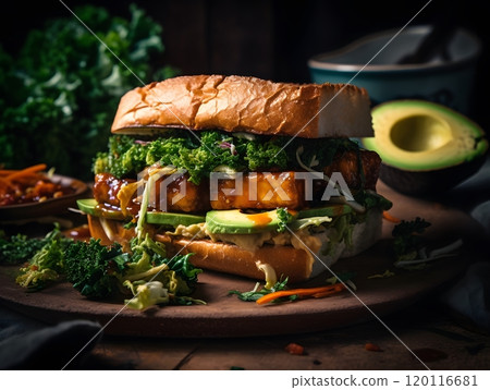 Crispy bbq tofu sandwich with avocado and kale - perfect for vegan cuisine and healthy dining 120116681
