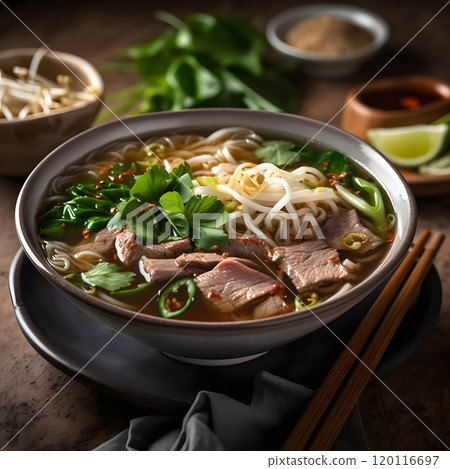 Delicious vietnamese pho with beef, fresh herbs, and lime garnish for culinary delight 120116697