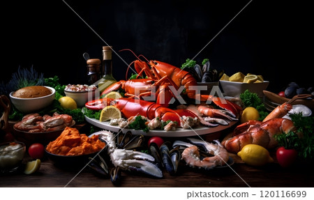 Deluxe seafood platter featuring lobster and shellfish for gourmet dining Deluxe seafood platter featuring lobster and shellfish for gourmet dining 120116699