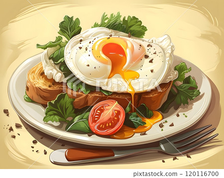 Detailed vector drawing of a poached egg on toast with fresh greens and tomato Detailed vector drawing of a poached egg on toast with fresh greens and tomato 120116700