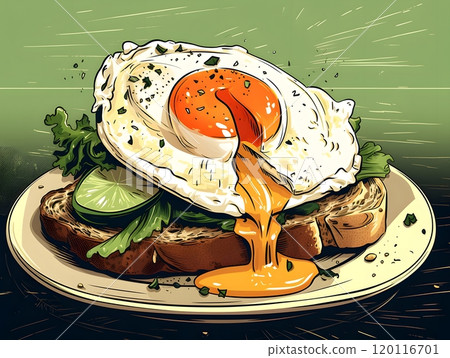 Detailed vector drawing of poached egg on toast with fresh garnishes Detailed vector drawing of poached egg on toast with fresh garnishes 120116701