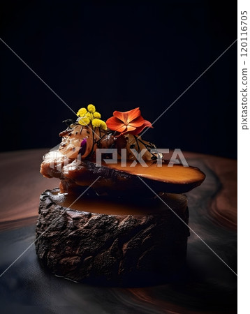 Artistic arrangement of wood and flowers in conceptual art design 120116705