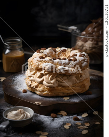 Classic paris-brest pastry with almond cream in rustic setting for gourmet dessert display 120116711