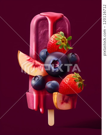 Close-up of fruity popsicle with fresh berries and slices - digital art for summer vibes 120116712