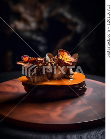 Conceptual art piece featuring wood and floral elements on a table 120116713