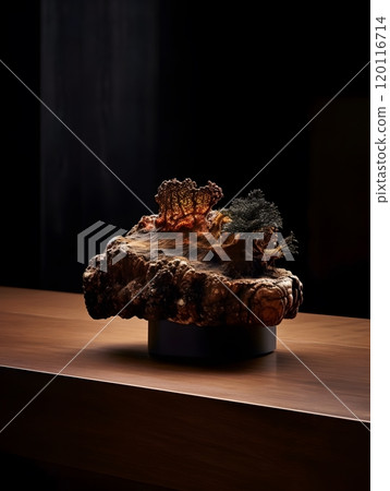 Conceptual art piece of intricate wood sculpture on table for modern decor Conceptual art piece of intricate wood sculpture on table for modern decor 120116714