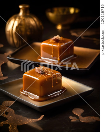 Decadent caramel desserts on elegant plates for fine dining and culinary inspiration Decadent caramel desserts on elegant plates for fine dining and culinary inspiration 120116716