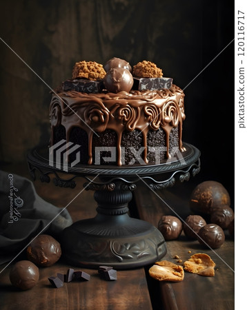 Decadent chocolate cake on elegant stand for culinary and dessert inspiration 120116717