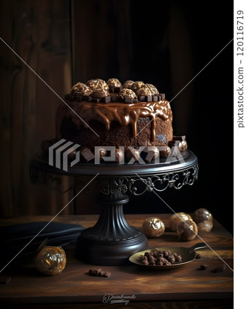 Decadent chocolate cake on ornate stand for dessert display or bakery decor Decadent chocolate cake on ornate stand for dessert display or bakery decor 120116719