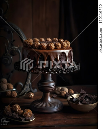 Decadent chocolate cake on wooden table with gourmet toppings for culinary delight and dessert photography Decadent chocolate cake on wooden table with gourmet toppings for culinary delight and dessert photography 120116720