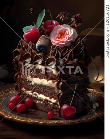 Decadent chocolate cake slice with cherries and floral decoration for dessert presentation Decadent chocolate cake slice with cherries and floral decoration for dessert presentation 120116721