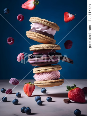 Delectable stack of ice cream sandwiches with fresh fruit for dessert designs Delectable stack of ice cream sandwiches with fresh fruit for dessert designs 120116725