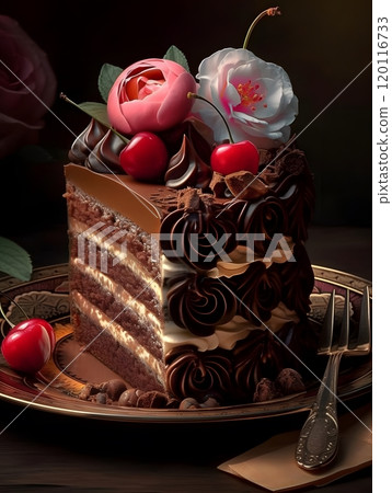 Elegant chocolate cake slice with roses and cherries on decorative plate for culinary art 120116733