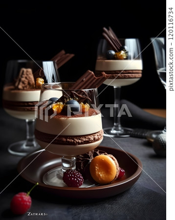 Elegant dessert display with chocolate and fruit for gourmet dining inspiration 120116734