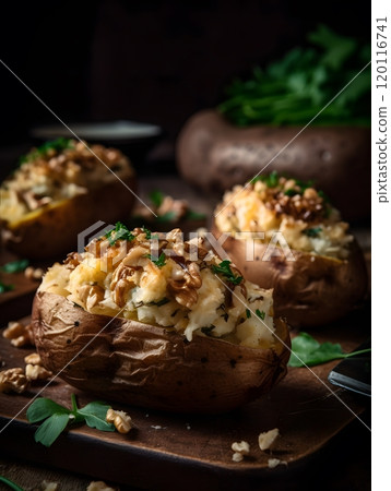 Gourmet baked potatoes with crab and walnut topping for elegant dining 120116741