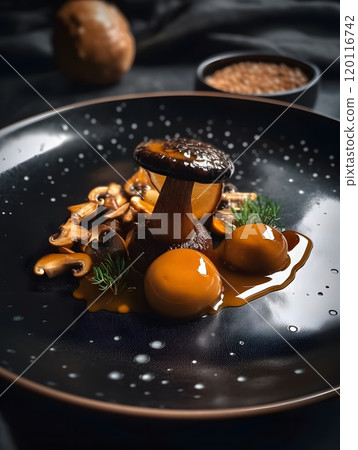 Gourmet mushroom dish on elegant black plate for culinary presentation and design Gourmet mushroom dish on elegant black plate for culinary presentation and design 120116742